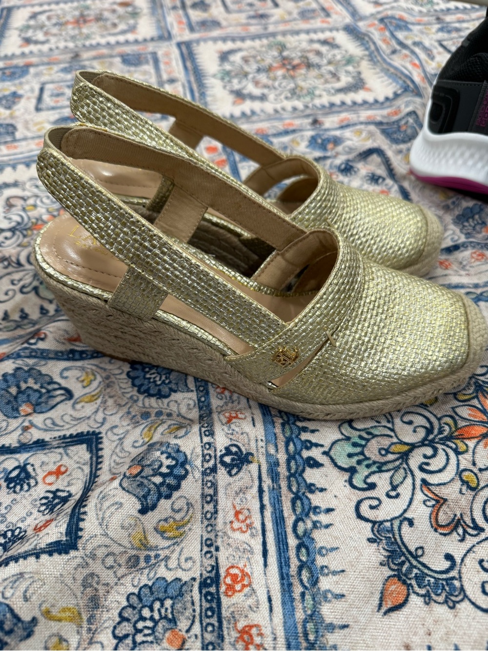Ralph Lauren Metallic Gold Woven Slingback Wedge Espadrilles